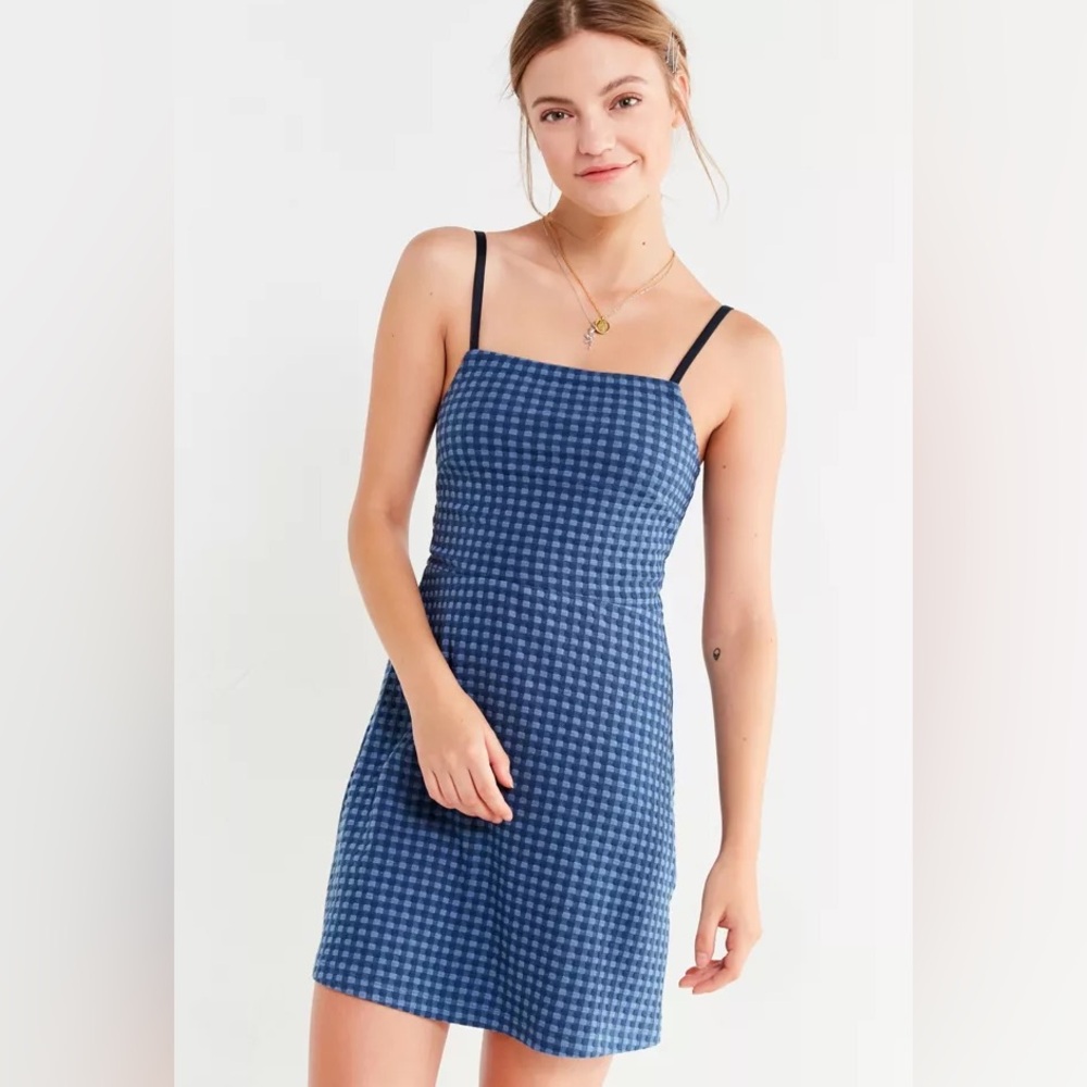 Urban outfitters XS Straight-Neck blue plaid Mini Dress w/ adjustable straps
